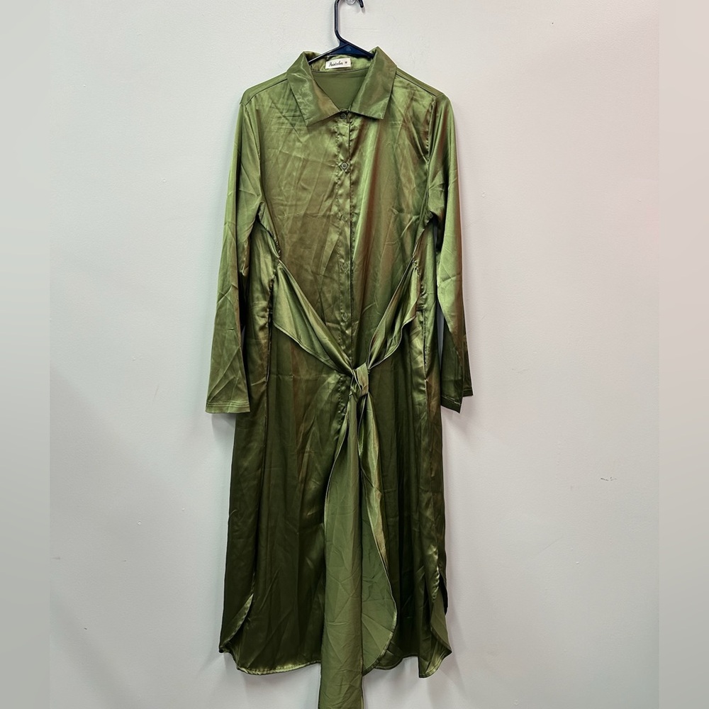 Paintcolors Green Satin Shirt Dress Sz M